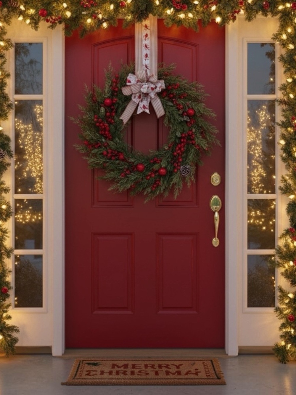 Decorative double over door bow Accent with Red Cardinal Pattern w/lights.